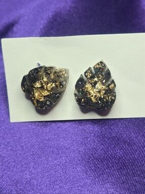 Gold and Black Stone Leaf Shaped Resin Stud Earrings